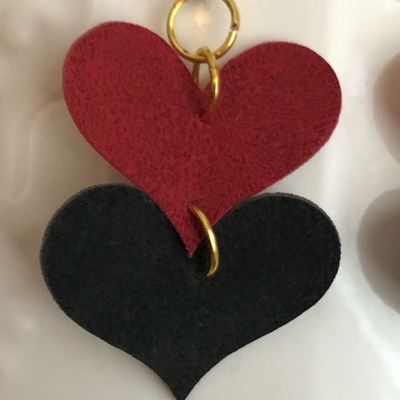 New Faux Leather Hand Crafted Earrings Red and Black Hearts Love Fun Dangle Gift - Picture 2 of 3
